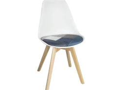 Lote de 2 sillas escandinavas, cojín de tela patchwork multicolor acolchado, asiento de plástico flexible, patas de madera LAO (azul)