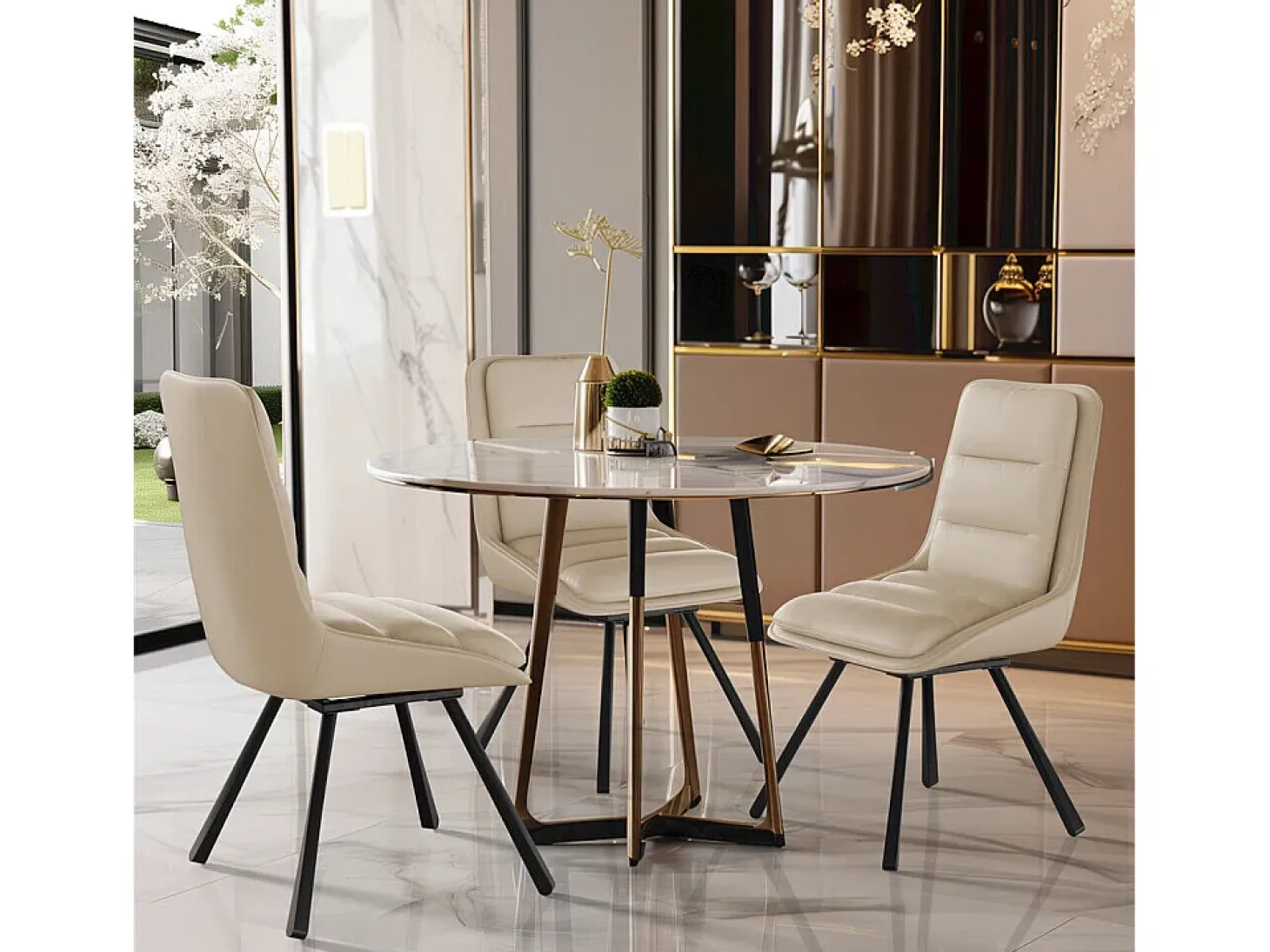 Lote de 2 sillas FATIVO - Silla de oficina giratoria en cuero caqui - Sillón escandinavo acolchado para salón