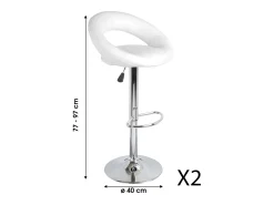 Lote de 2 taburetes de bar ajustables en altura 77-97 cm - Asiento de cuero sintético PU blanco, pie de metal gris, diámetro 40 cm.