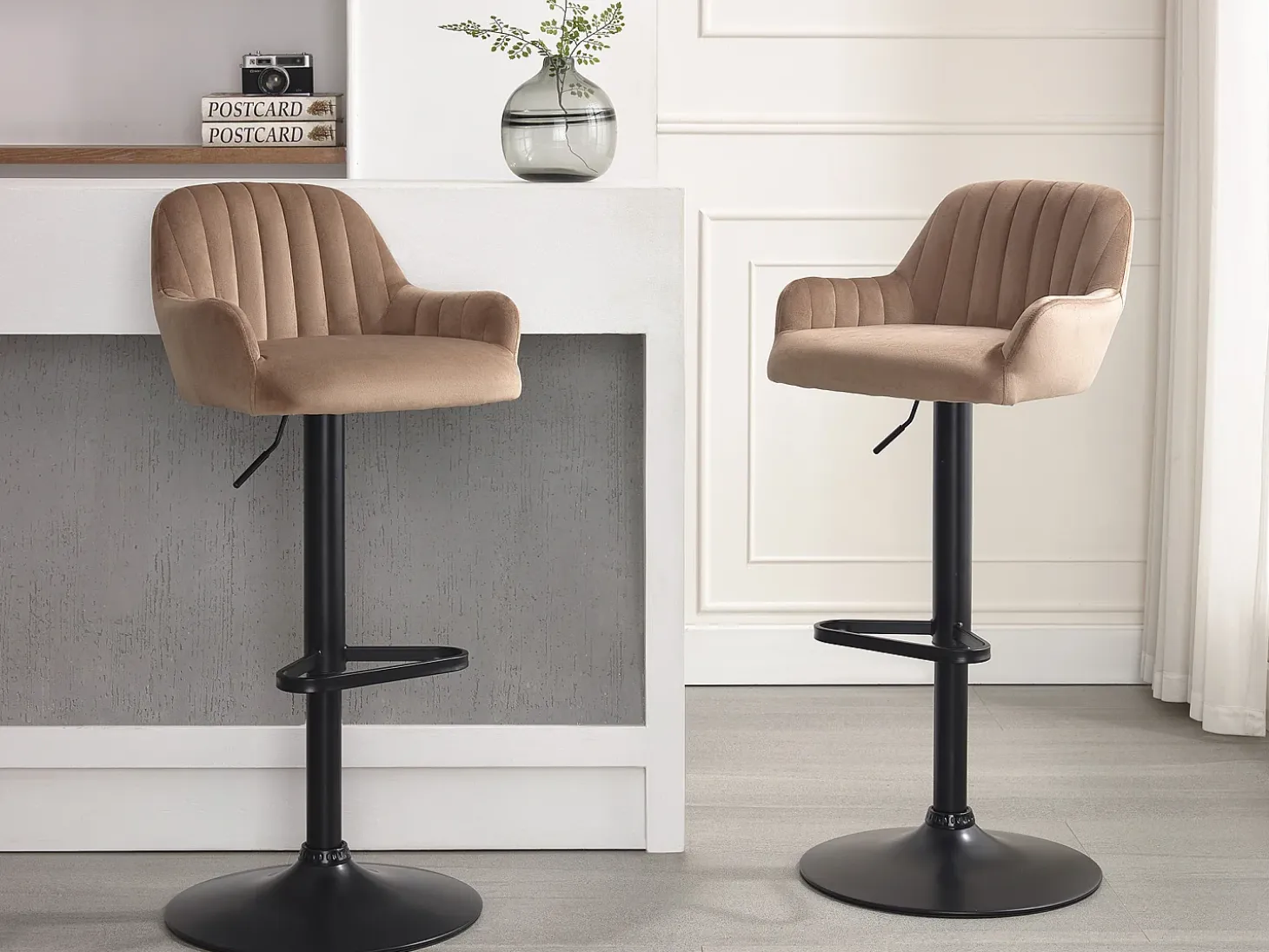 Lote de 2 taburetes de bar de terciopelo y metal negro - Altura ajustable - Beige - ELEANA