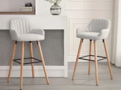 Lote de 2 taburetes de bar de tela y patas de madera de haya - Crema - ELEANA
