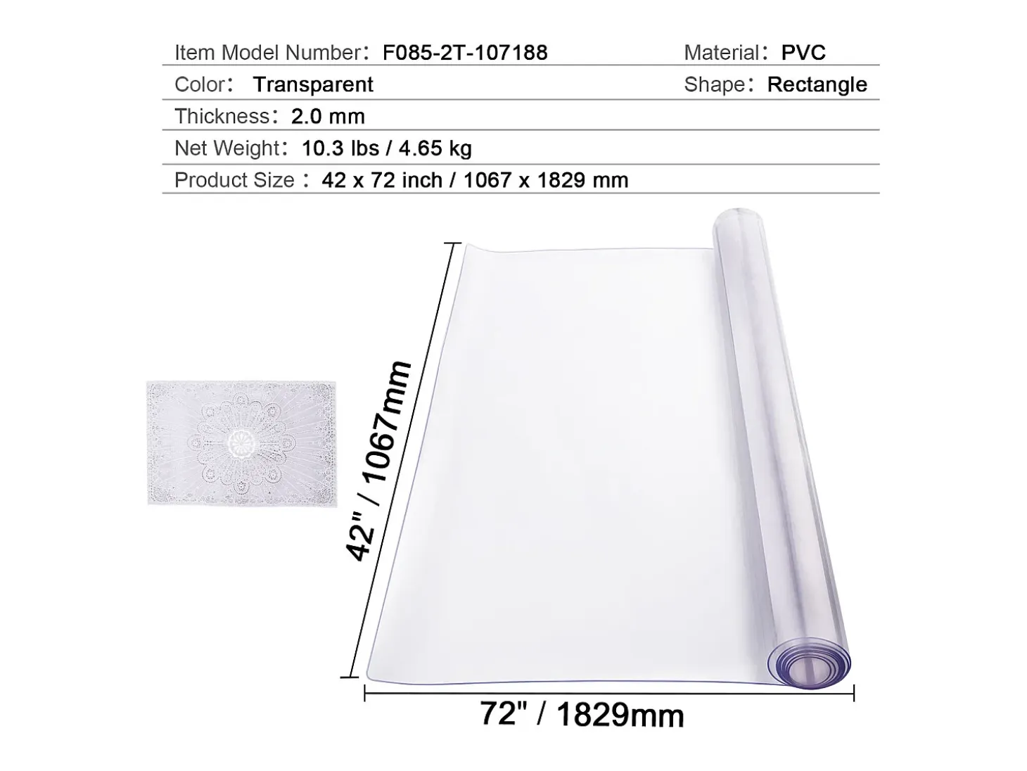 Mantel SucceBuy Protector de Mesa en PVC 107X183 CM, Protector de Escritorio en Plástico Transparente 0.2CM de Grosor
