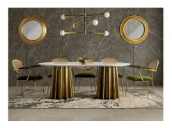 Mensa mesa de comedor ovalada de mármol blanco con patas de metal dorado 200 cm