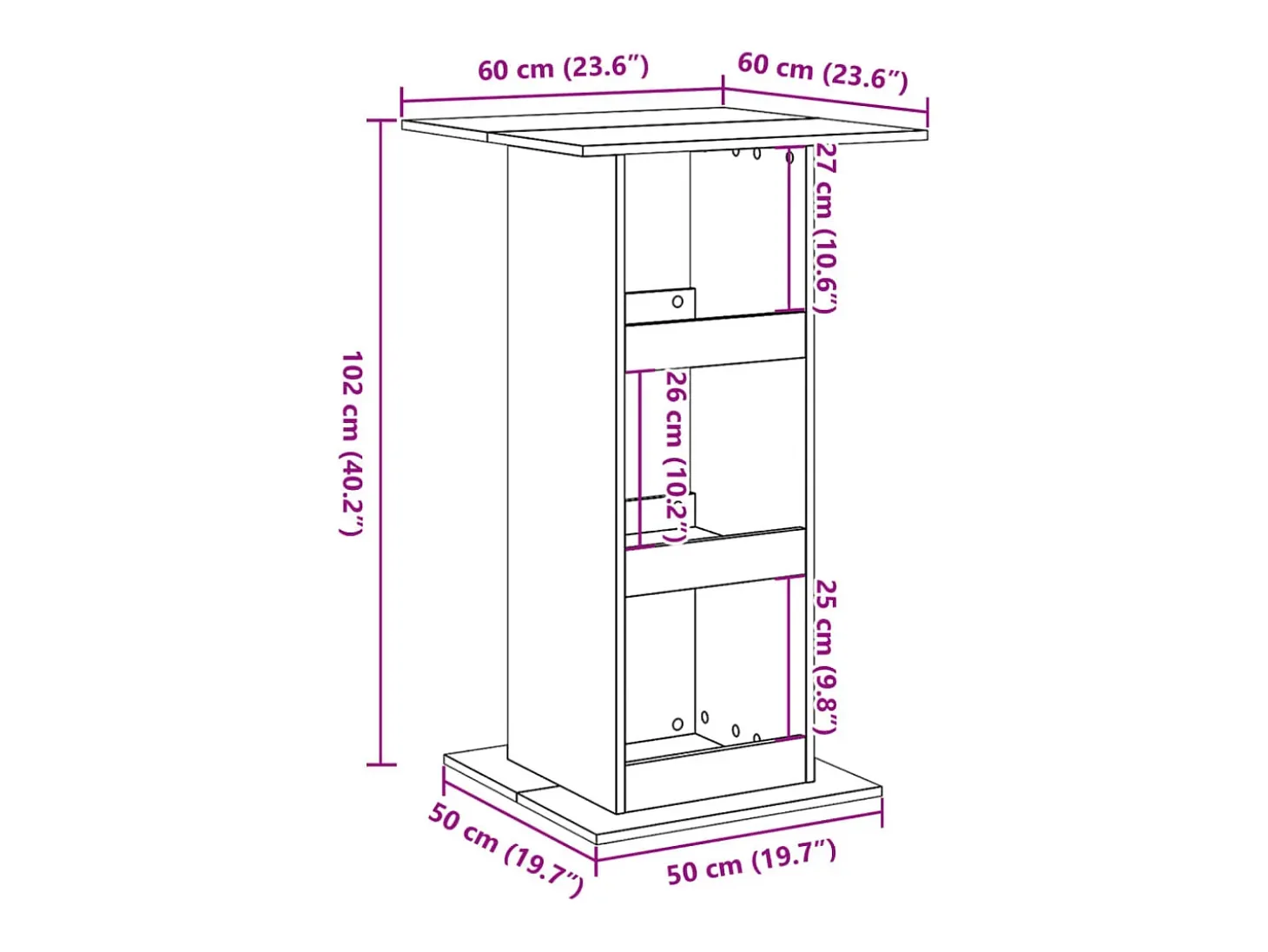 Mesa alta bar con almacenaje madera envejecida 60x60x102 cm