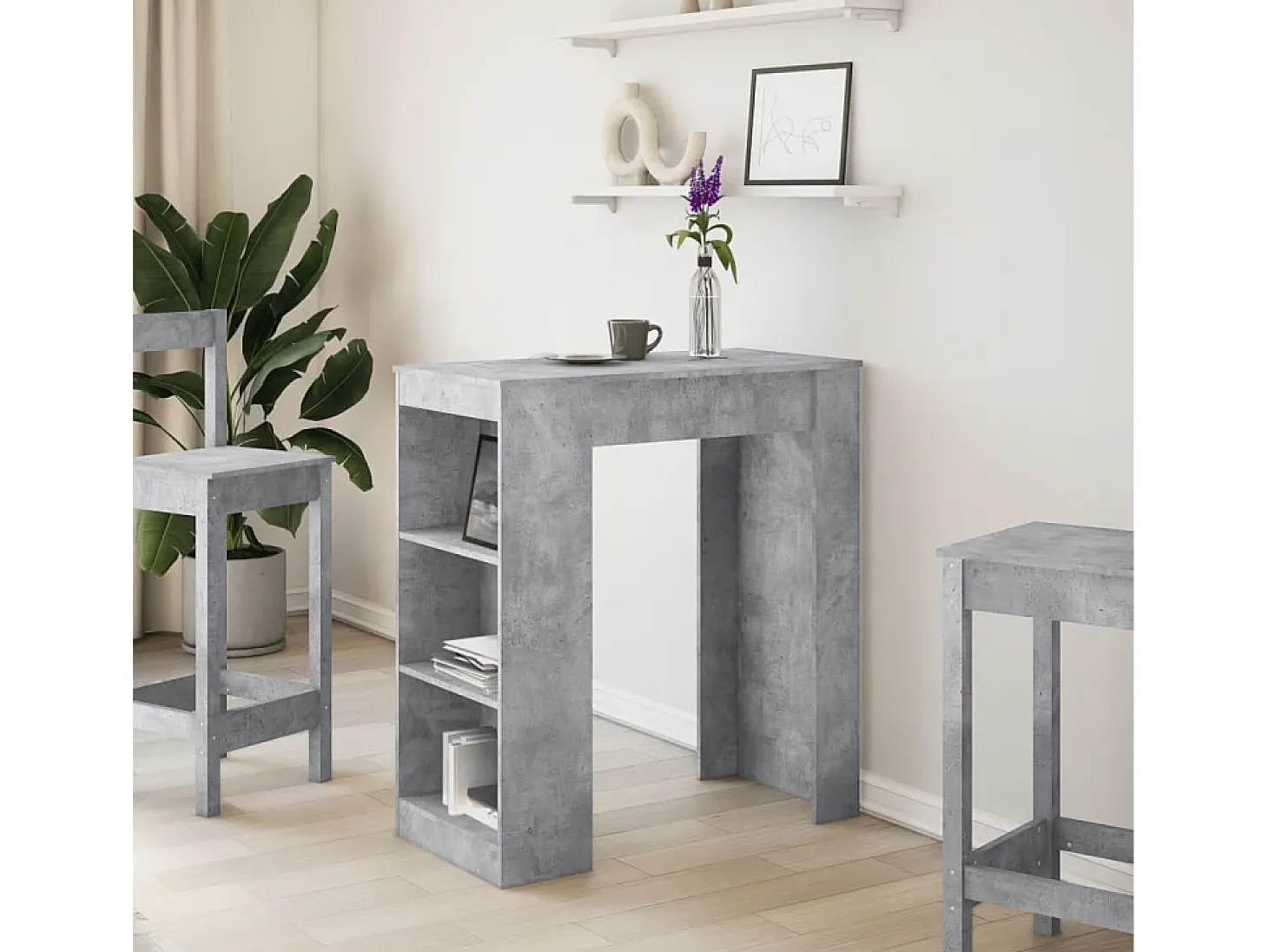 Mesa alta bar con estantes madera gris hormigón 95x47x103,5 cm
