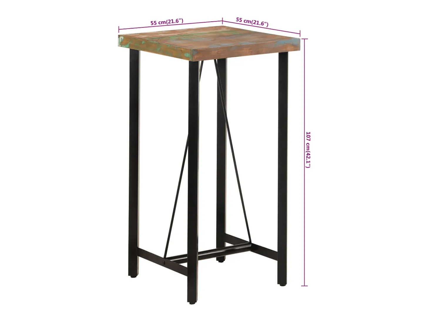 Mesa alta de hierro y madera maciza reciclada 55x55x107 cm