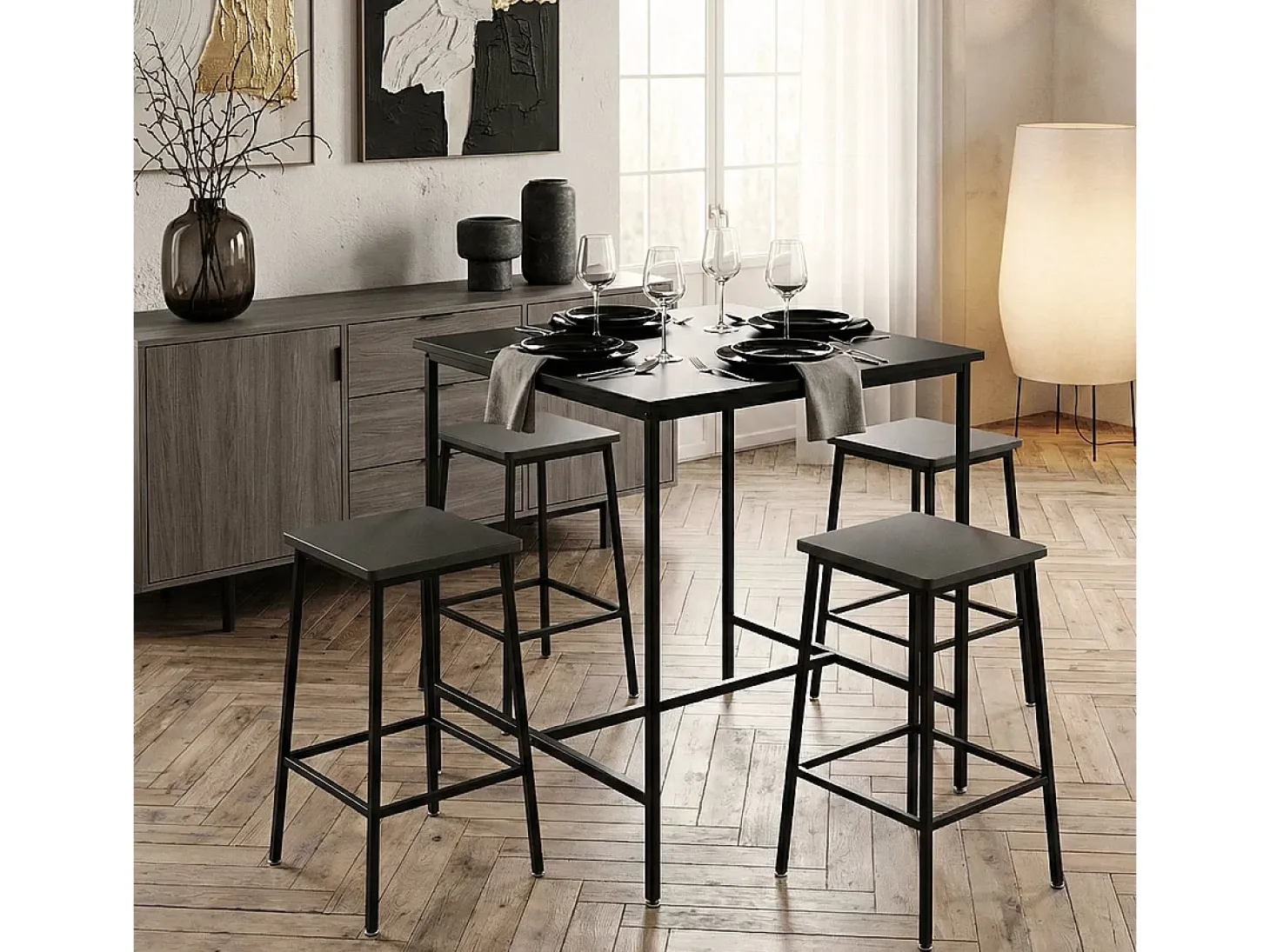 Mesa alta de 70x70 cm para bar cocina y cafetería de metal blanco y negro Zakis - Negro