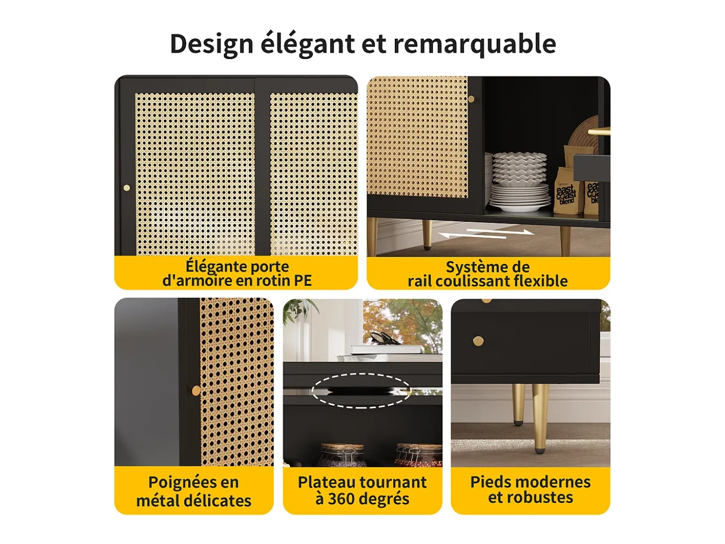 Mesa alta extensible giratoria de 360° con espacio de almacenamiento y estante abierto, color negro, con puerta de ratán.
