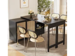 Mesa alta extensible giratoria de 360° con espacio de almacenamiento y estante abierto, color negro, con puerta de ratán.