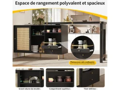 Mesa alta extensible giratoria de 360° con espacio de almacenamiento y estante abierto, color negro, con puerta de ratán.