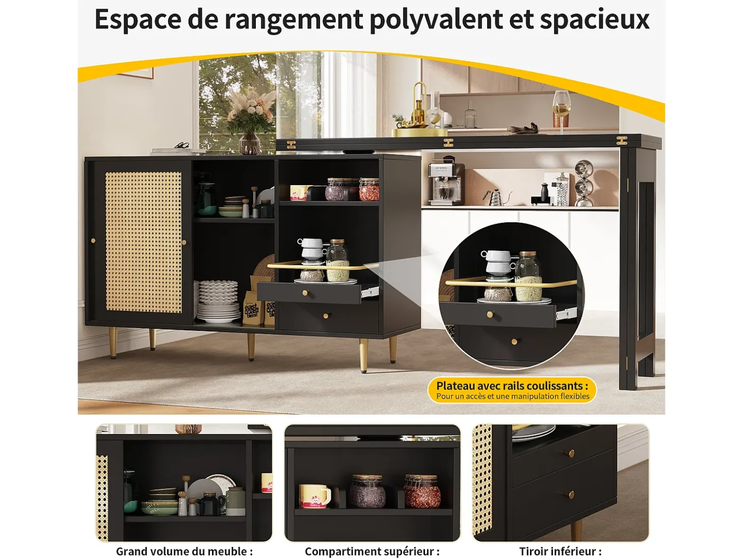 Mesa alta extensible giratoria de 360° con espacio de almacenamiento y estante abierto, color negro, con puerta de ratán.