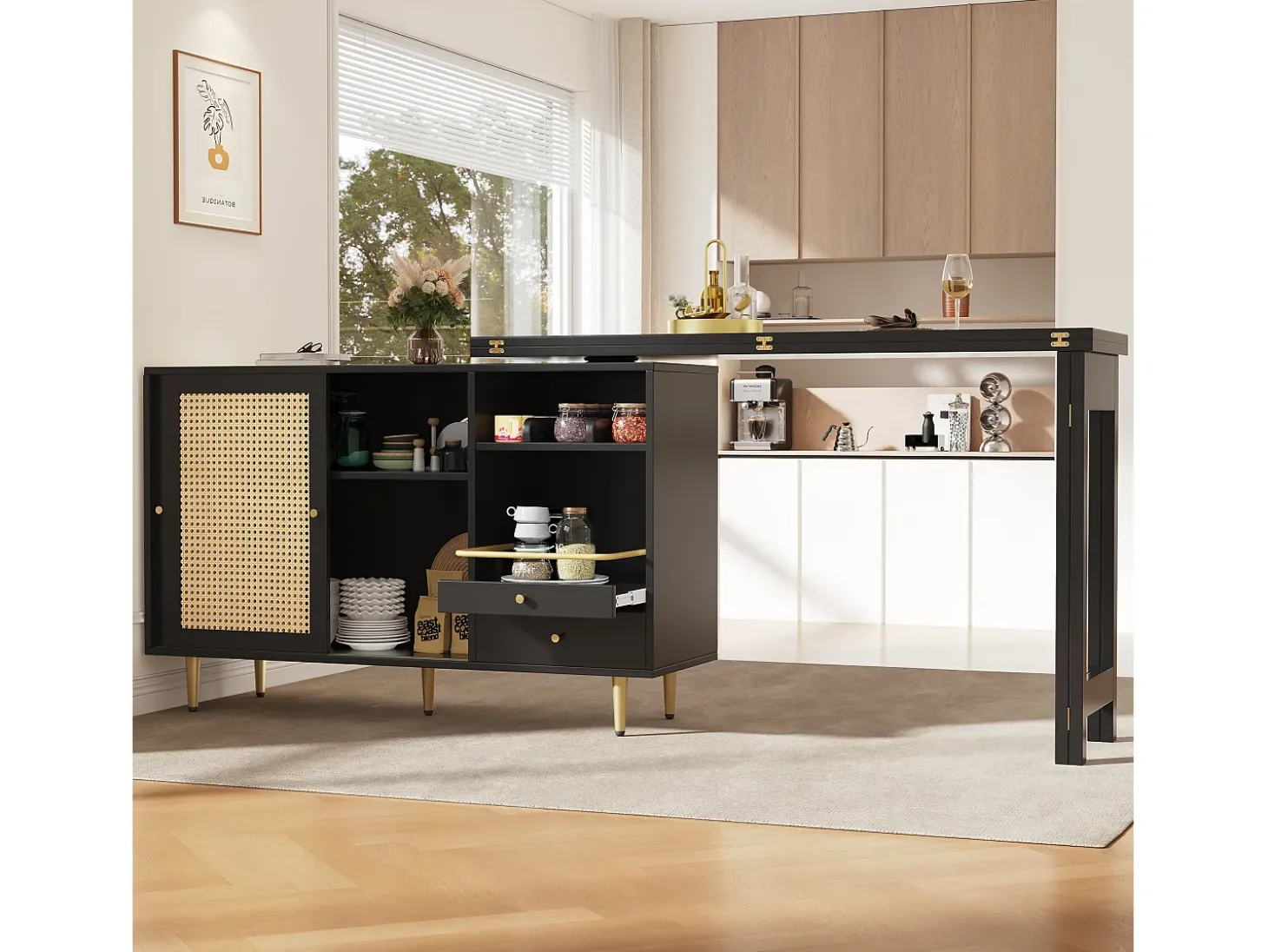 Mesa alta pivotante 360° con rango, mesa extensible con puertas en rotin, étagère ouverte, en MDF, negro (107x40x71,4 cm)