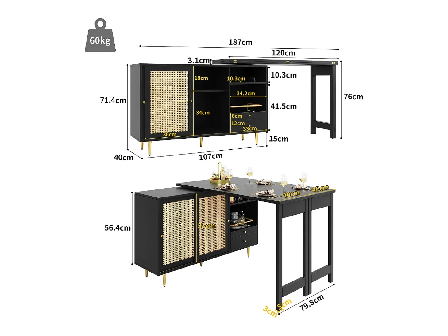 Mesa alta pivotante 360° con rango, mesa extensible con puertas en rotin, étagère ouverte, en MDF, negro (107x40x71,4 cm)
