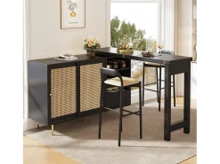 Mesa alta pivotante 360° con rango, mesa extensible con puertas en rotin, étagère ouverte, en MDF, negro (107x40x71,4 cm)