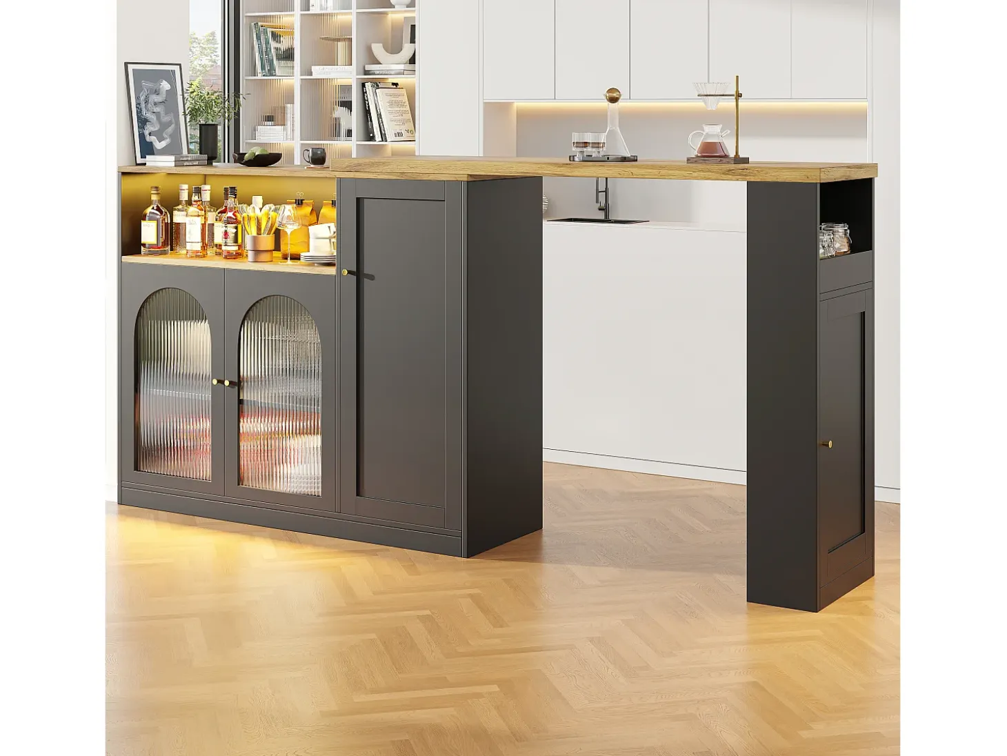Mesa alta pivotante 360°, diseño moderno, negro mate con puerta en cristal Changhong et éclairage LED, mueble de gama (197x39,6x100 cm)