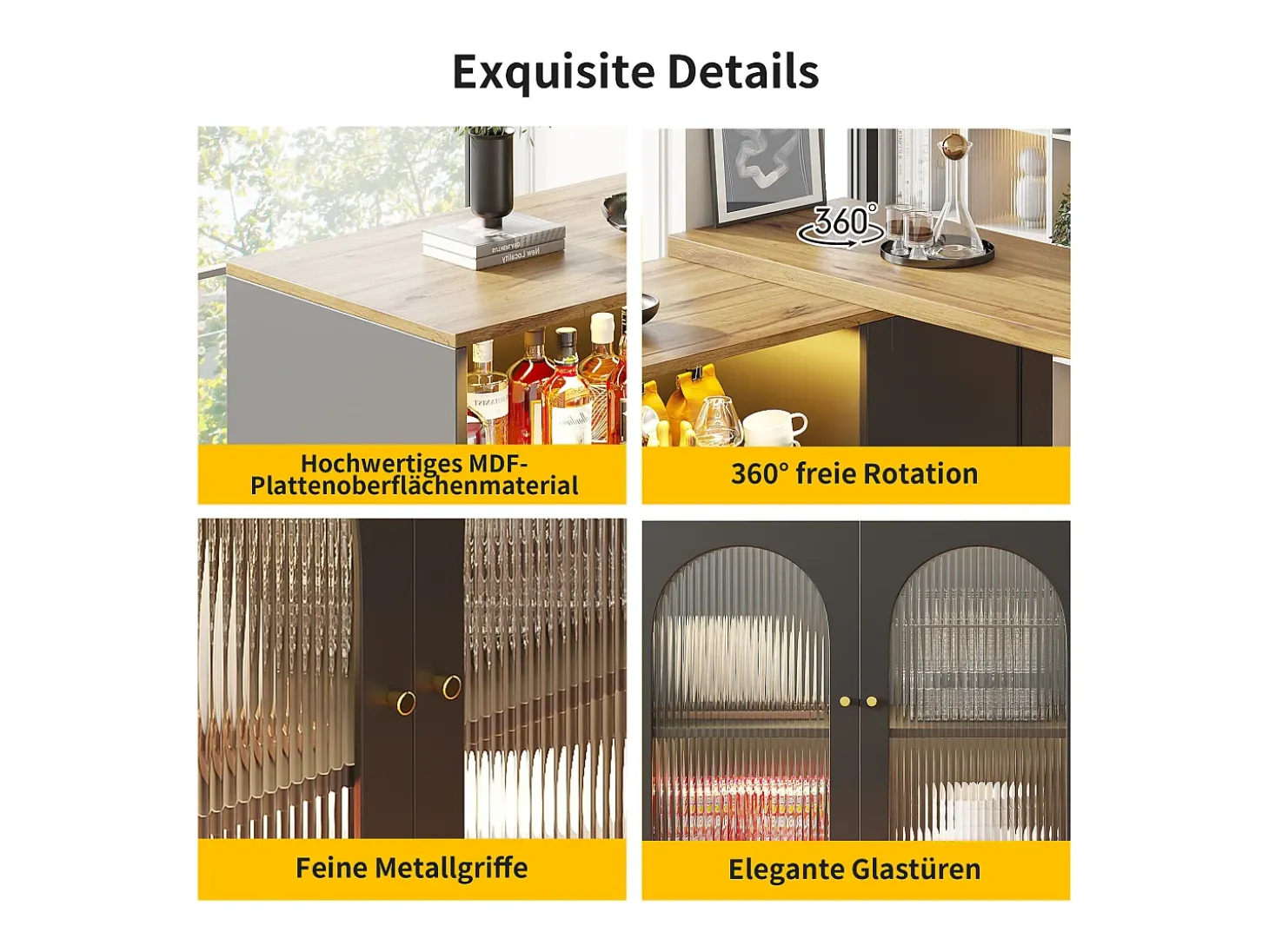Mesa alta pivotante 360°, diseño moderno, negro mate con puerta en cristal Changhong et éclairage LED, mueble de gama (197x39,6x100 cm)