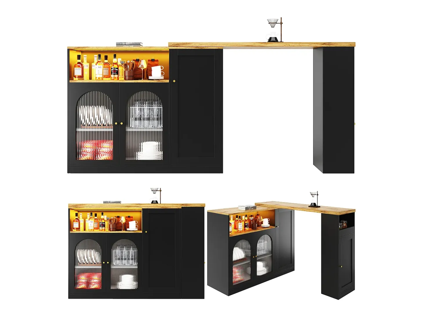 Mesa alta pivotante 360°, diseño moderno, negro mate con puerta en cristal Changhong et éclairage LED, mueble de gama (197x39,6x100 cm)