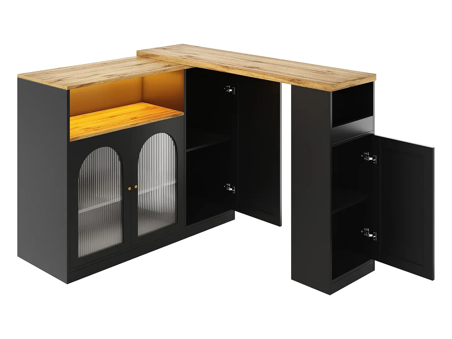 Mesa alta pivotante 360°, diseño moderno, negro mate con puerta en cristal Changhong et éclairage LED, mueble de gama (197x39,6x100 cm)