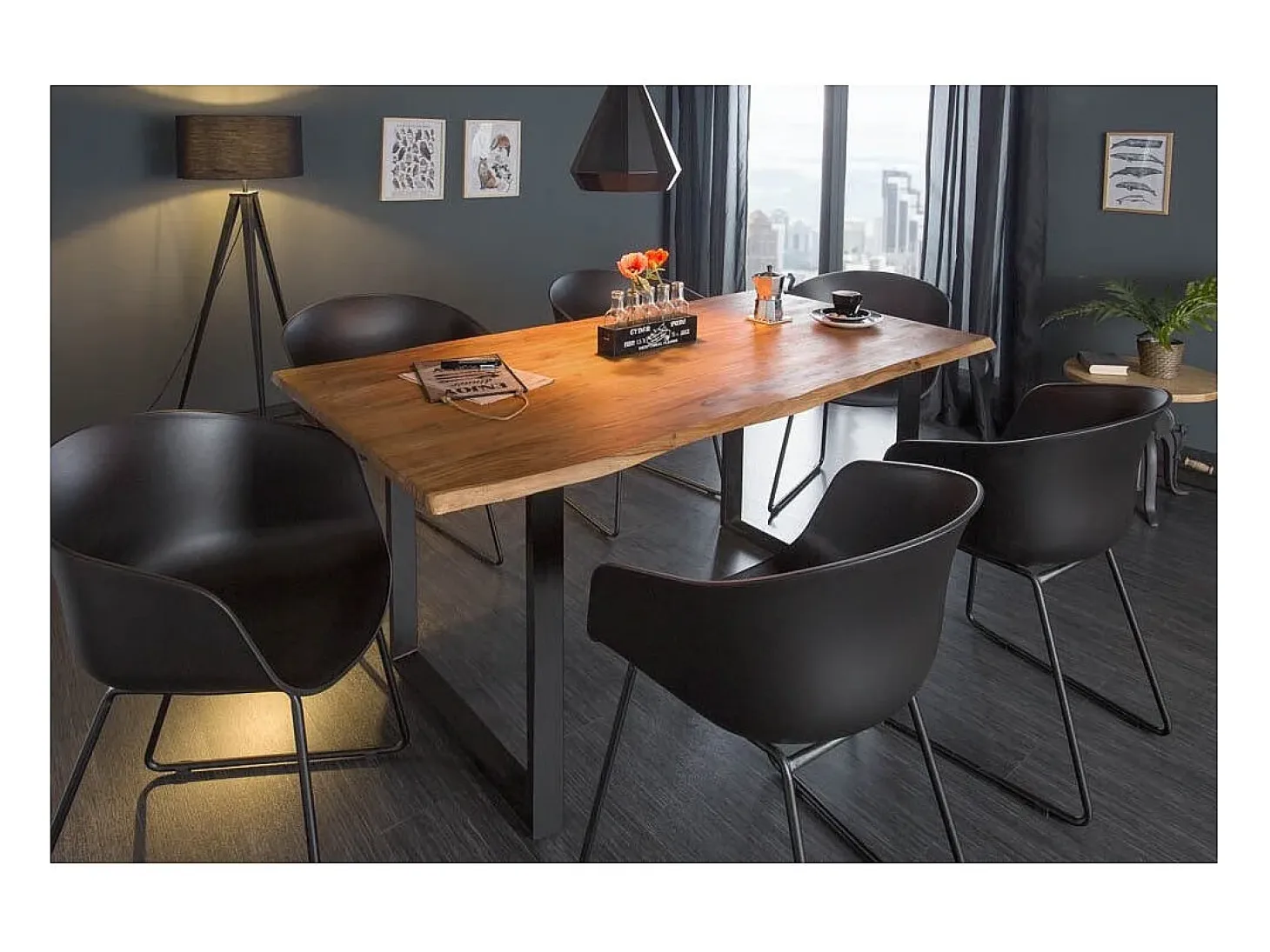 Mesa ARKAYA 160 cm – Tablero de madera de acacia salvaje barnizada y patas de metal negro en U – Estilo industrial