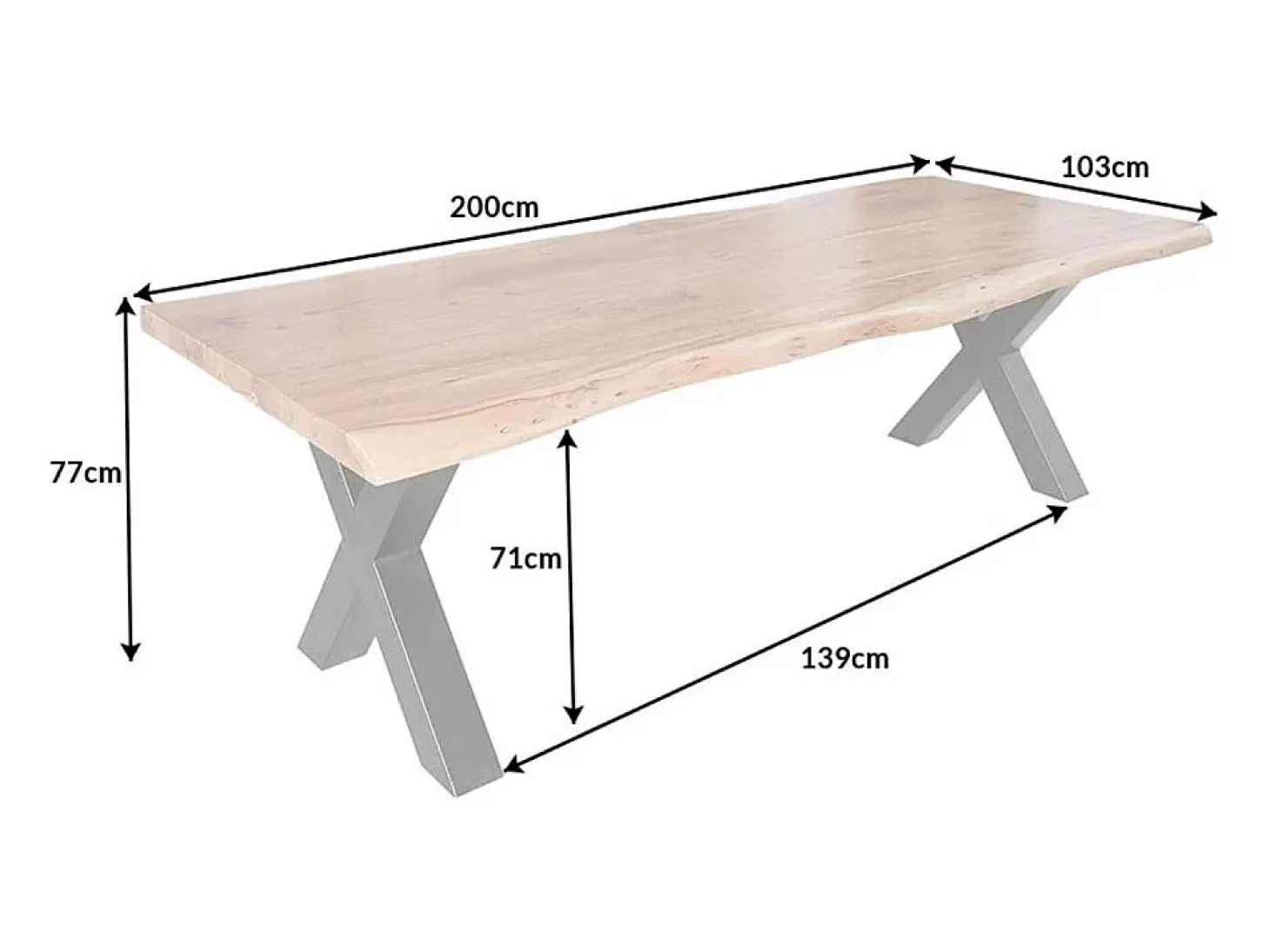 Mesa ARKAYA 200 cm – Tablero de madera maciza de acacia barnizada y patas de metal negro en X
