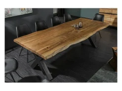 Mesa ARKAYA 200 cm – Tablero de madera maciza de acacia barnizada y patas de metal negro en X