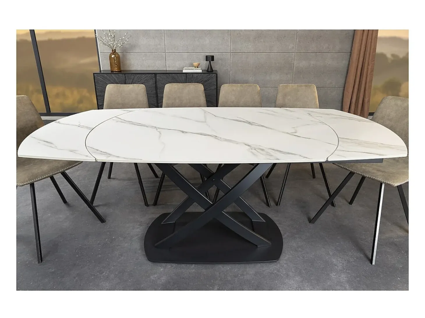 Mesa ATONIA – Ovalada extensible 130 a 190 cm – Tablero de cerámica efecto mármol blanco – Patas de metal – Estilo moderno