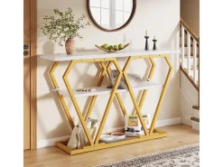 Mesa auxiliar (1) - 120 x 29,5 x 80 cm - Mesa de comedor, tablero de madera, tablero de mármol, blanco