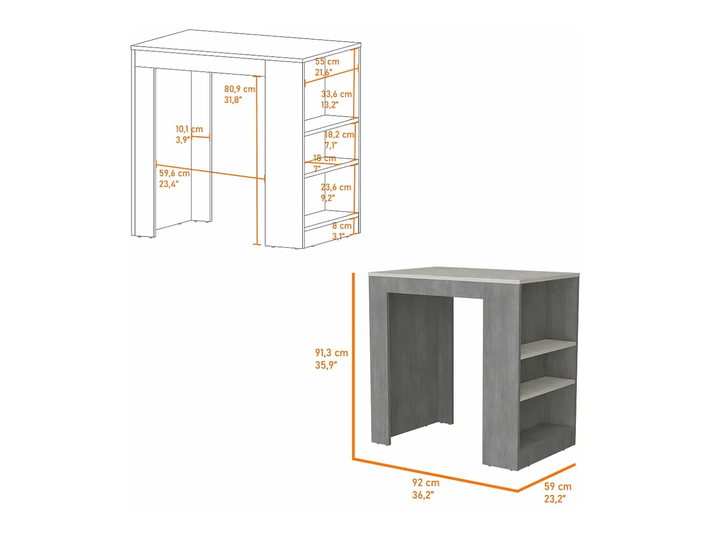 Mesa Auxiliar de cocina Portree en melamina con 2 estantes , 91.18 cm X 92 cm X 58.9 cm , Blanco