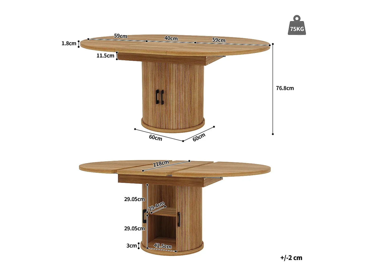 Mesa comedor extensible - MDF - Mesa redonda - 118-158 cm - 6 personas - 1 puerta - 2 estantes - natural