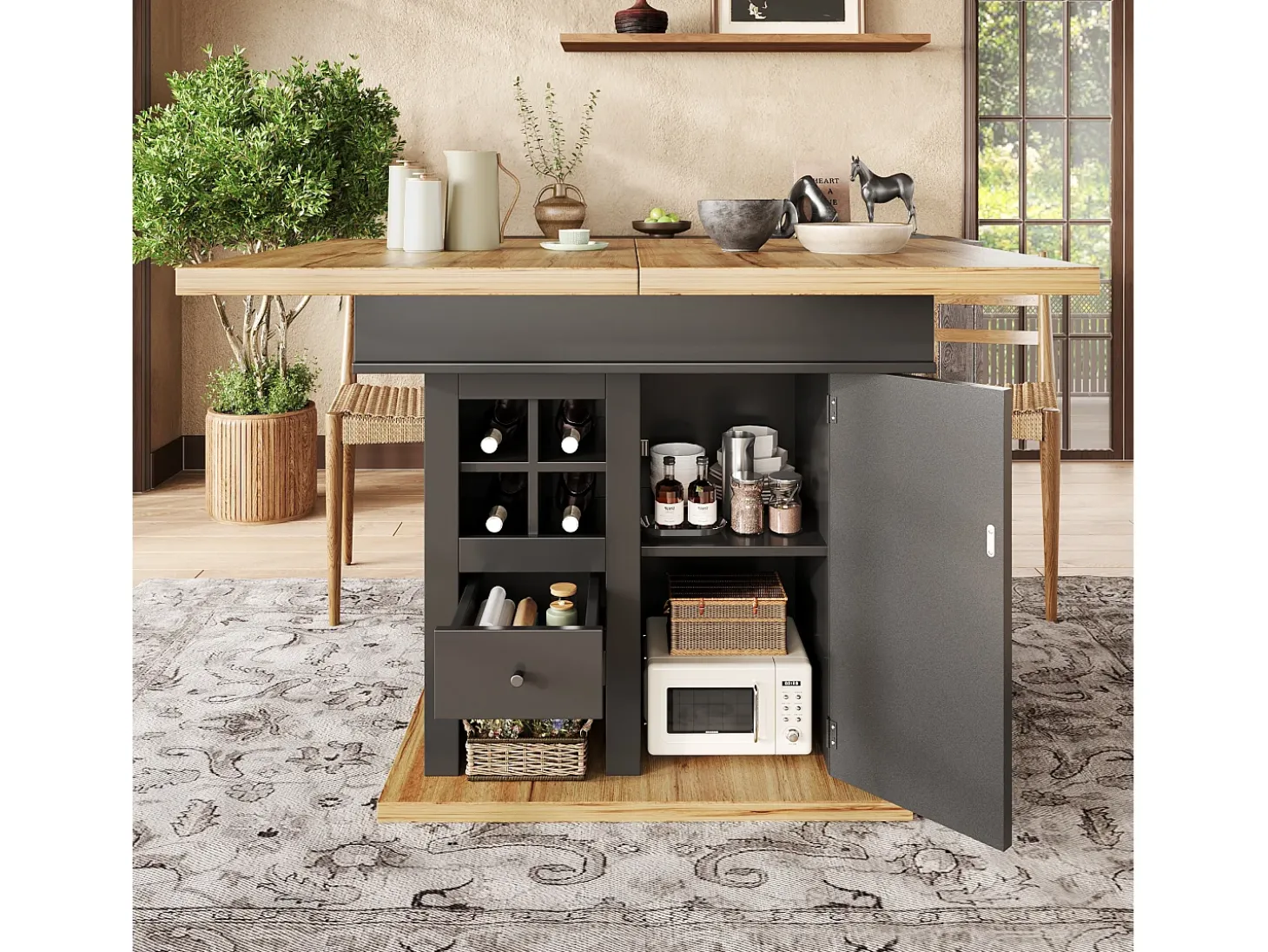 Mesa comedor extensible 110-140×80 cm - para 4-6 personas - con 1 puerta y 1 cajón - con portavinos - negro