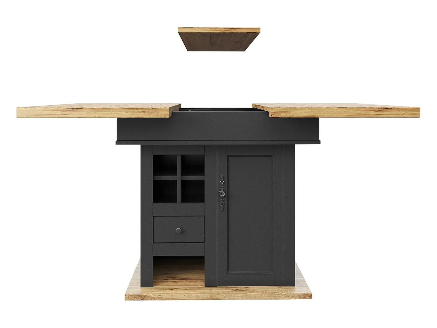 Mesa comedor extensible 110-140×80 cm - para 4-6 personas - con 1 puerta y 1 cajón - con portavinos - negro