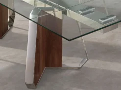 Mesa comedor extensible rectangular cristal templado, nogal y acero cromado 1159 ANGEL CERDA