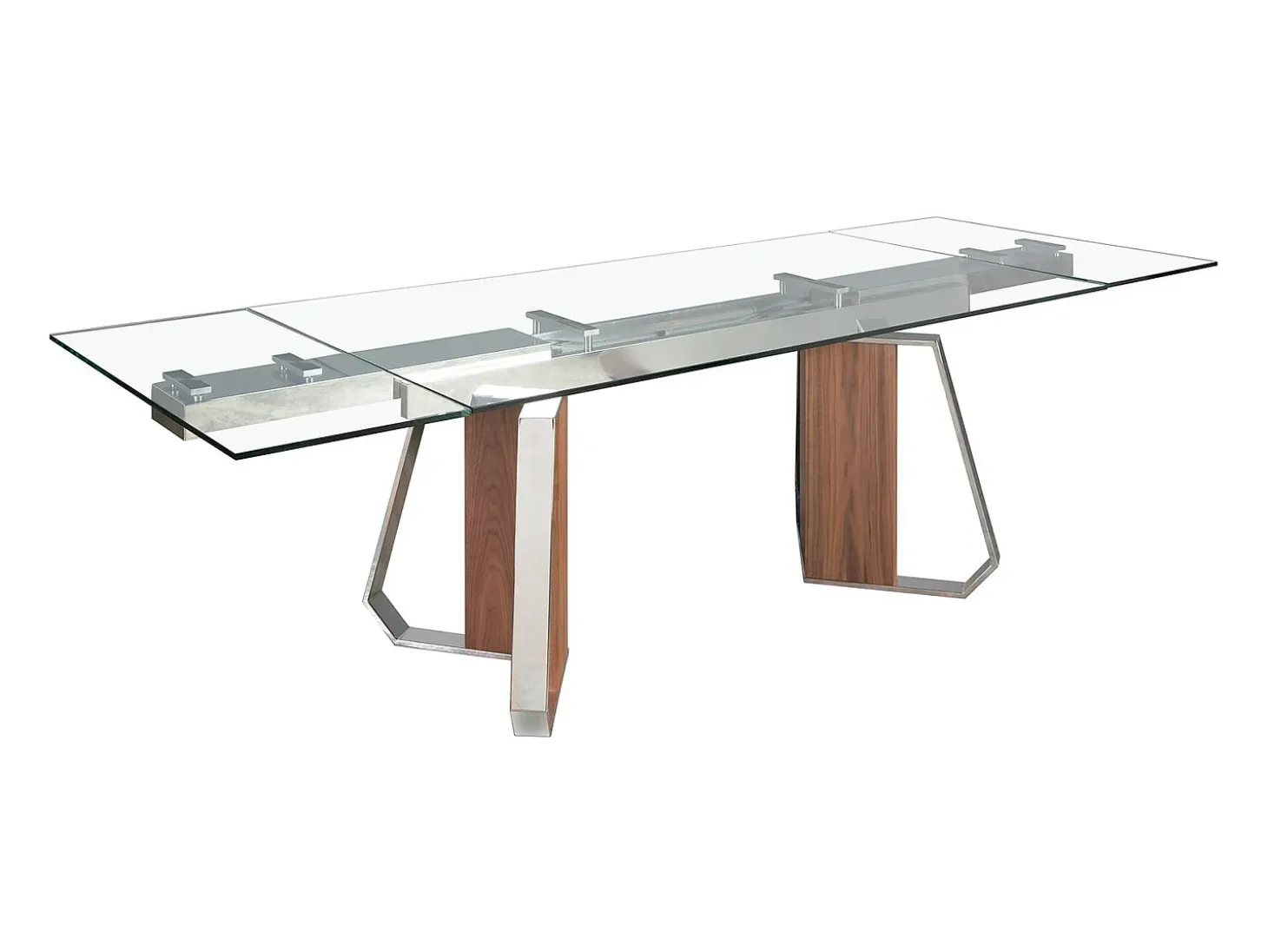 Mesa comedor extensible rectangular cristal templado, nogal y acero cromado 1159 ANGEL CERDA