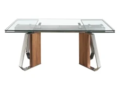 Mesa comedor extensible rectangular cristal templado, nogal y acero cromado 1159 ANGEL CERDA
