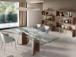 Mesa comedor extensible rectangular cristal templado, nogal y acero cromado 1159 ANGEL CERDA