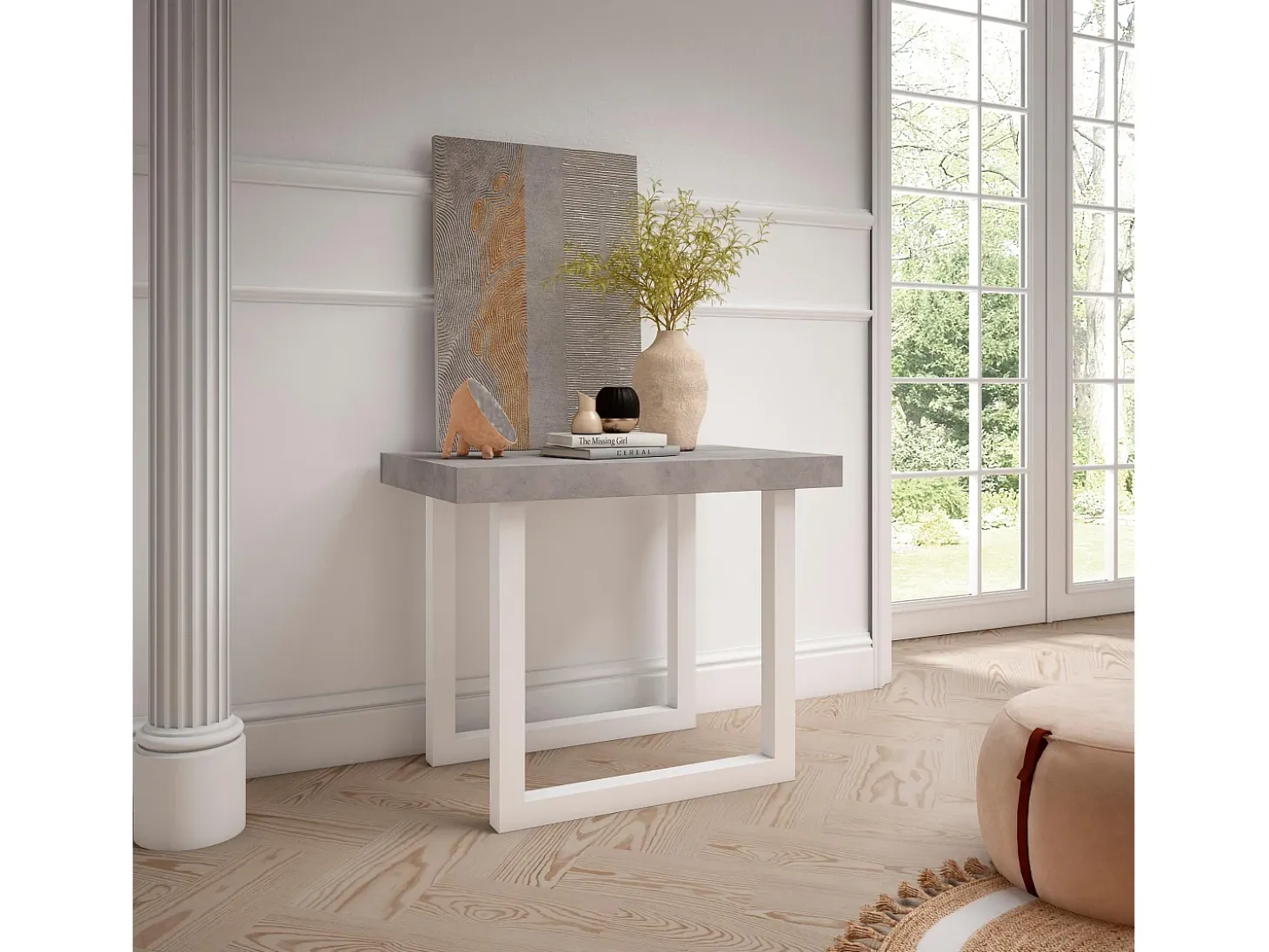 Mesa Consola extensible, 140x90x73cm, Para 6 comensales, Patas madera maciza, Cemento