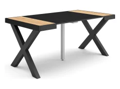 Mesa Consola extensible, 160x90x73cm, Para 8 comensales, Patas madera maciza, Roble y negro