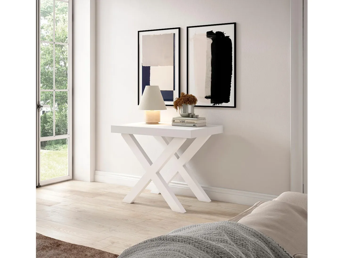 Mesa Consola extensible, 160x90x73cm, Para 8 comensales, Patas madera maciza, Blanco