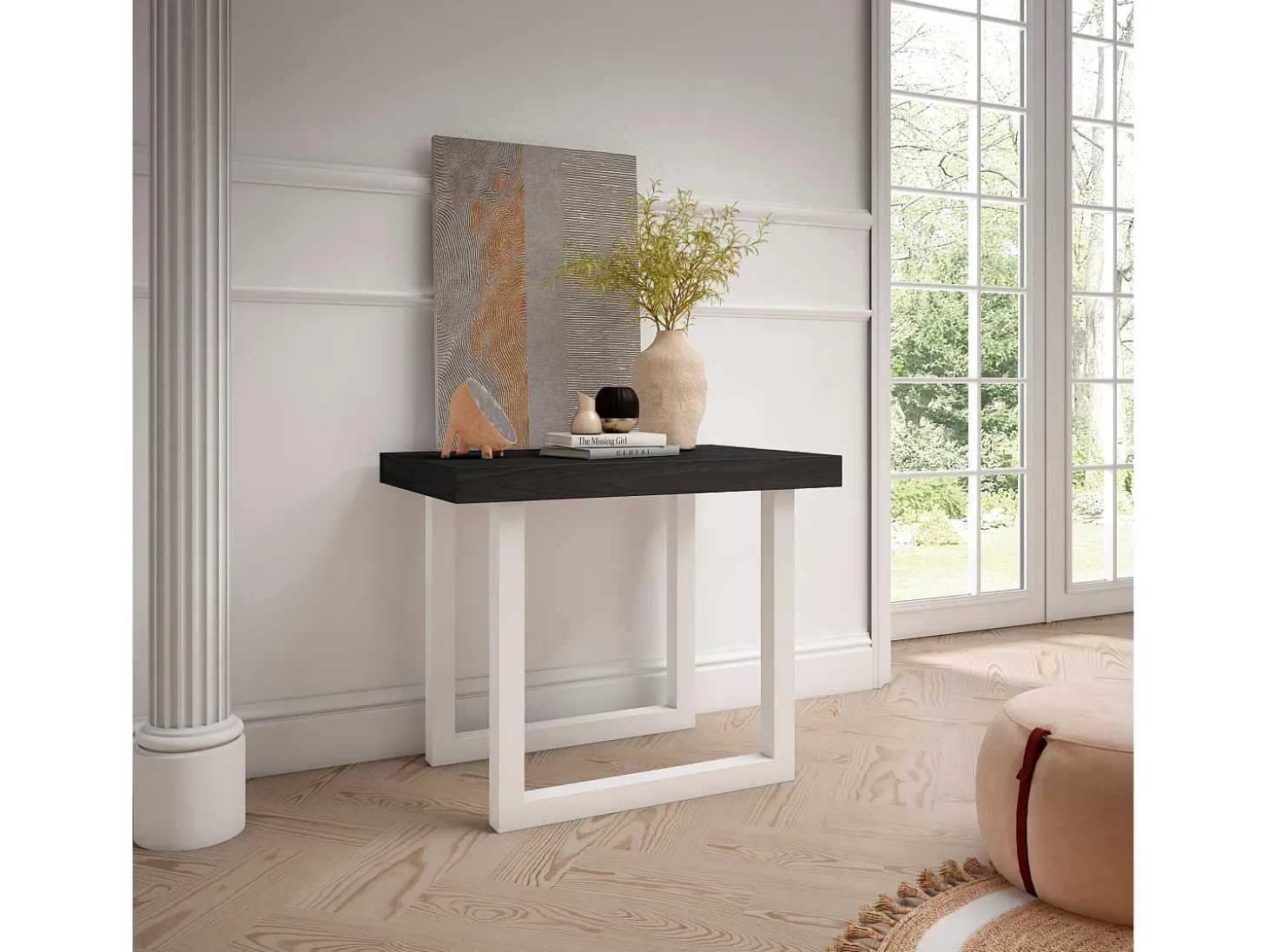 Mesa Consola extensible, 160x90x73cm, Para 8 comensales, Patas madera maciza, Negro