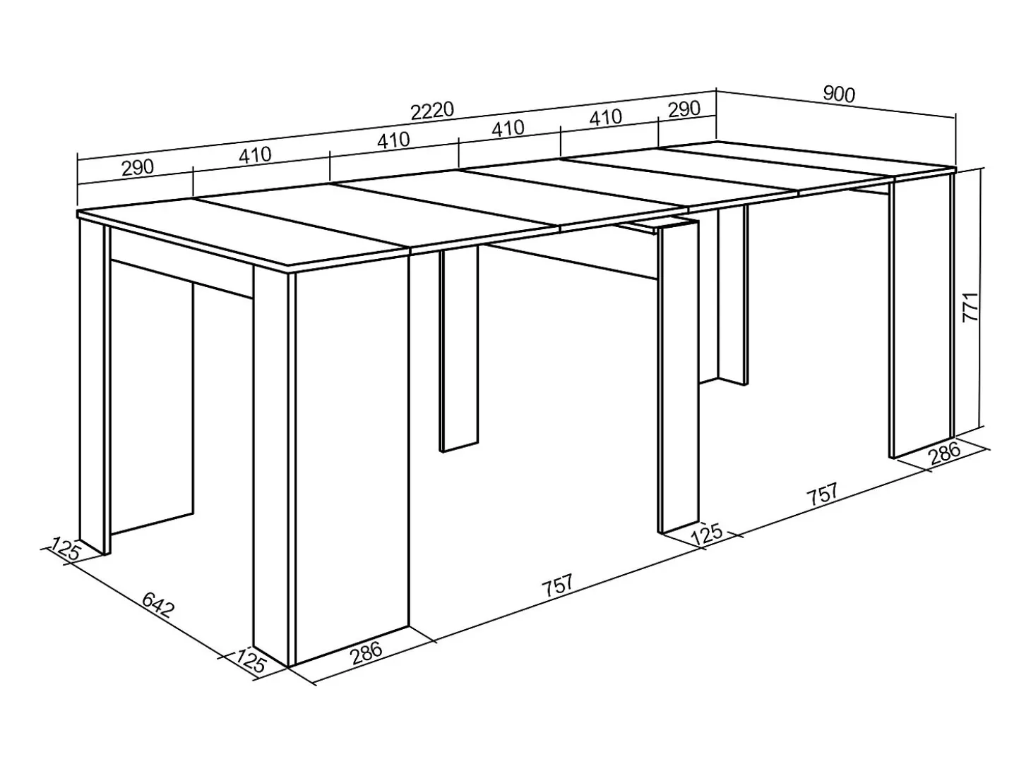 Mesa Consola extensible, 222x90x77cm, Para 10 comensales, Comedor y cocina, Blanco