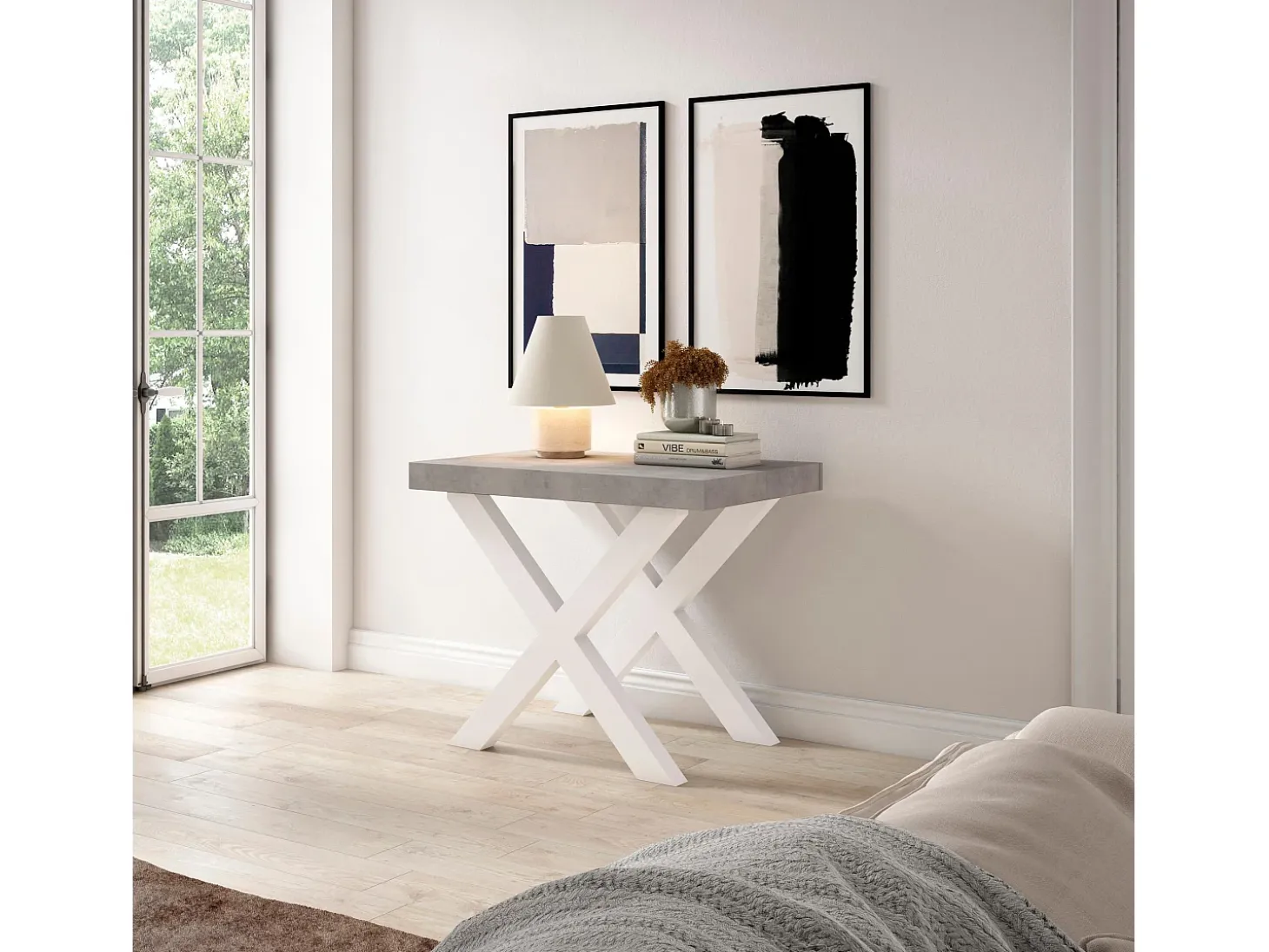Mesa Consola extensible, 140x90x73cm, Para 6 comensales, Patas madera maciza, Cemento