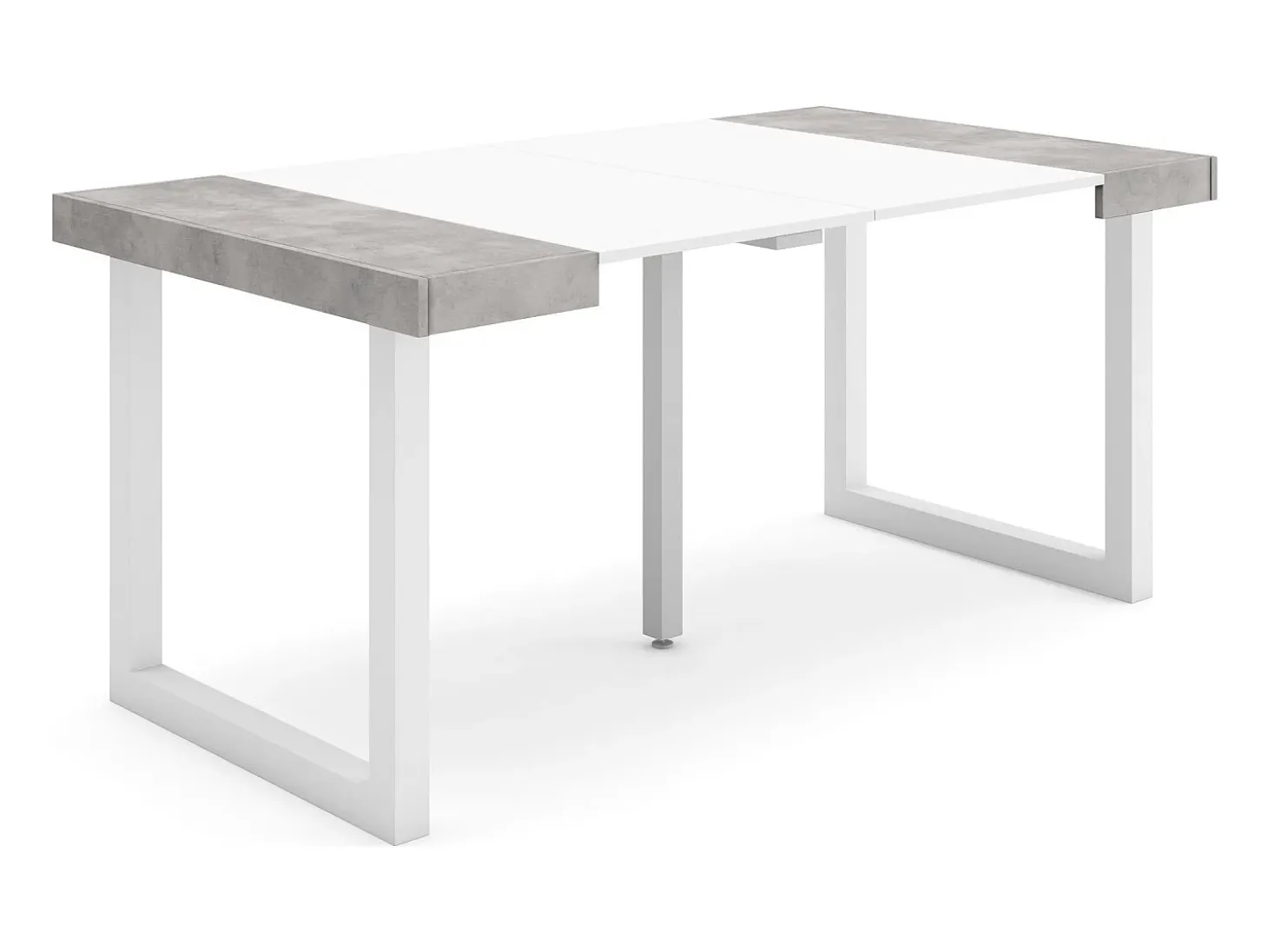 Mesa Consola extensible, 160x90x73cm, Para 8 comensales, Patas madera maciza, Blanco y Cemento