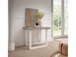 Mesa Consola extensible, 160x90x73cm, Para 8 comensales, Patas madera maciza, Blanco y Cemento