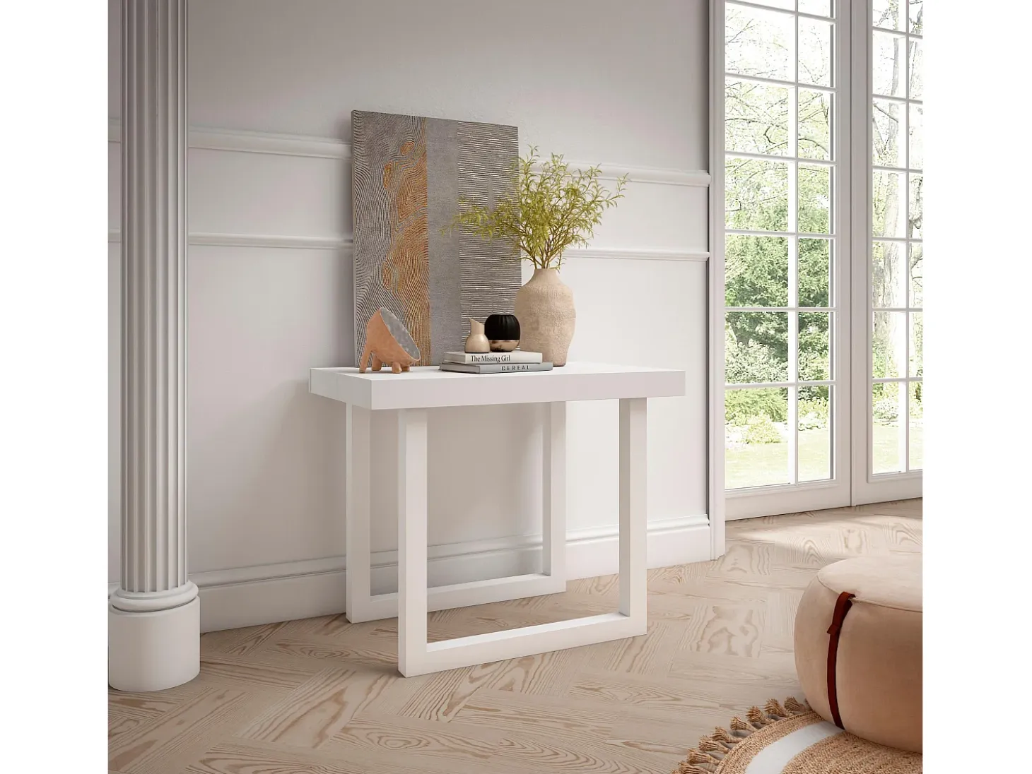 Mesa Consola extensible, 160x90x73cm, Para 8 comensales, Patas madera maciza, Blanco