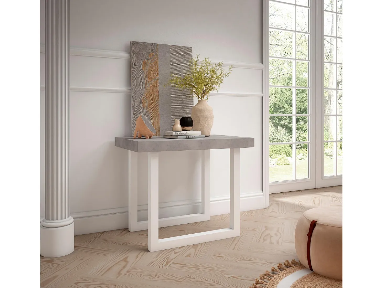 Mesa Consola extensible, 160x90x73cm, Para 8 comensales, Patas madera maciza, Cemento