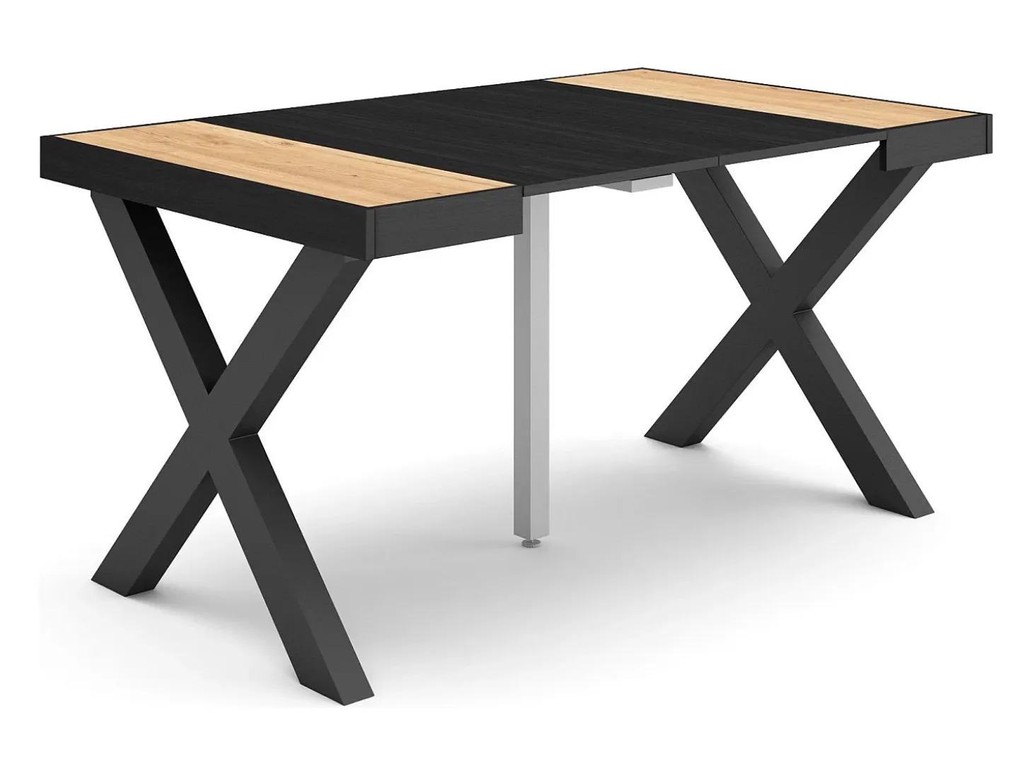 Mesa Consola extensible, 140x90x73cm, Para 6 comensales, Patas madera maciza, Roble y negro
