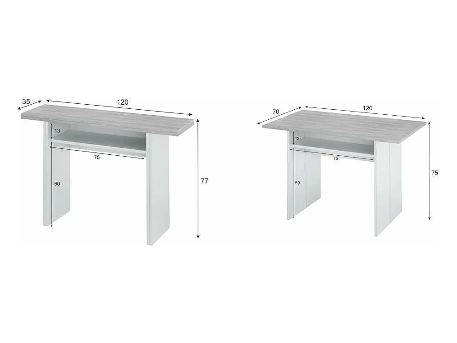 Mesa consola o cocina desplegable Gio en blanco Artik y gris Cemento 120 cm(ancho) 77 cm(