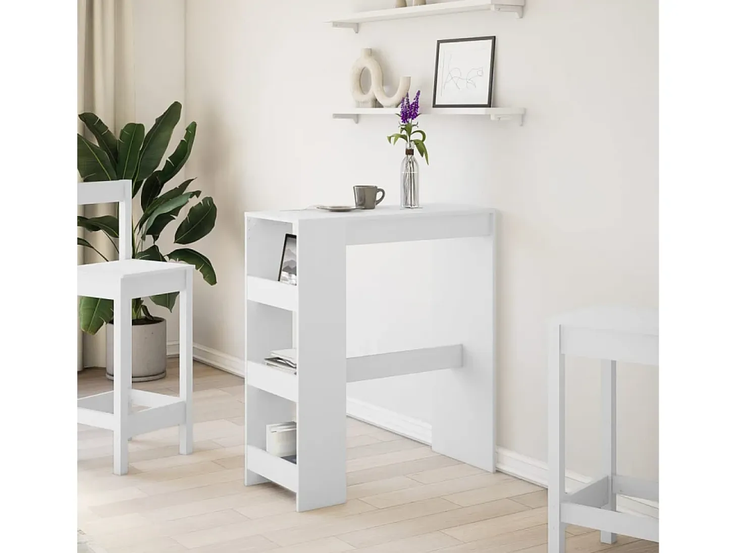 Mesa de bar blanca y estantes 90x40x103,5 cm madera de ingeniería