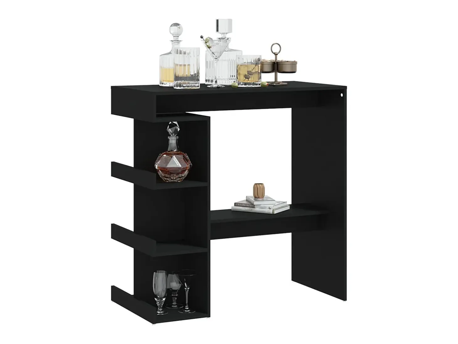 Mesa de bar con estante de almacenamiento de madera de ingeniería negra