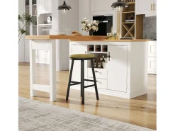 Mesa de bar extensible - 120/180 x 76 cm - con LED + 2 puertas + 2 cajones - Rotación 360° - MDF - Blanco